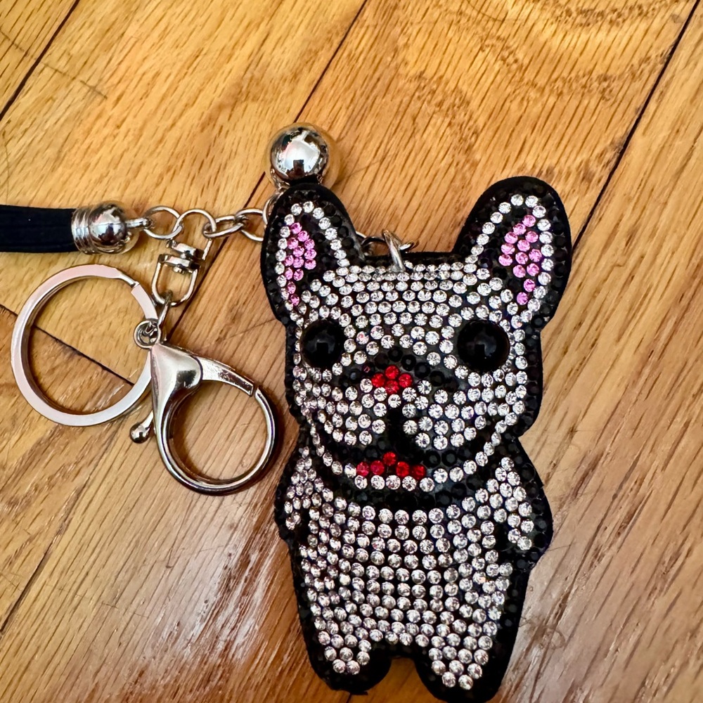 Rhinestone French Bulldog Keychain Charm - Black and Silver - Picture 3 of 3